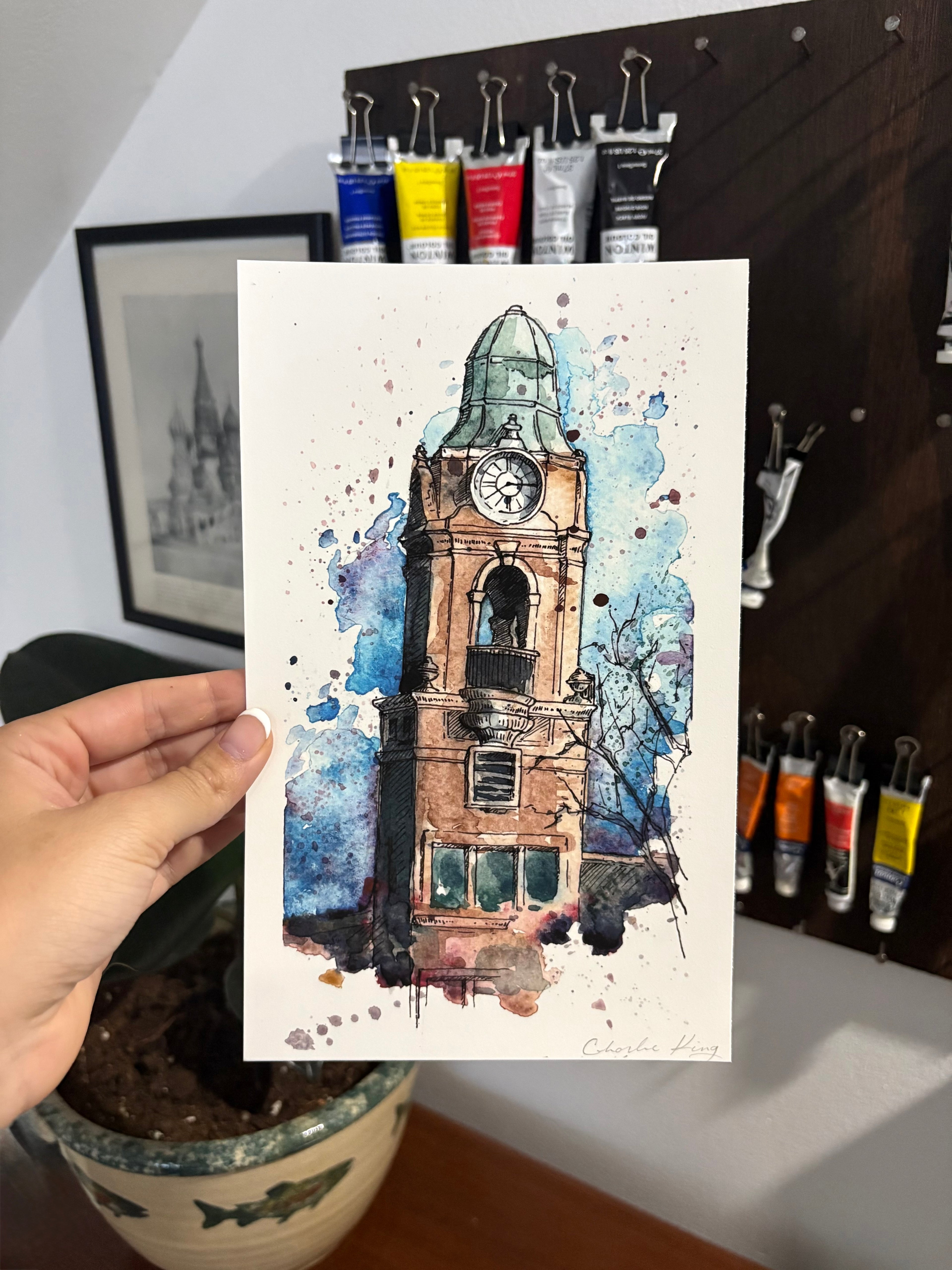 Watercolor Clocktower Art Print
