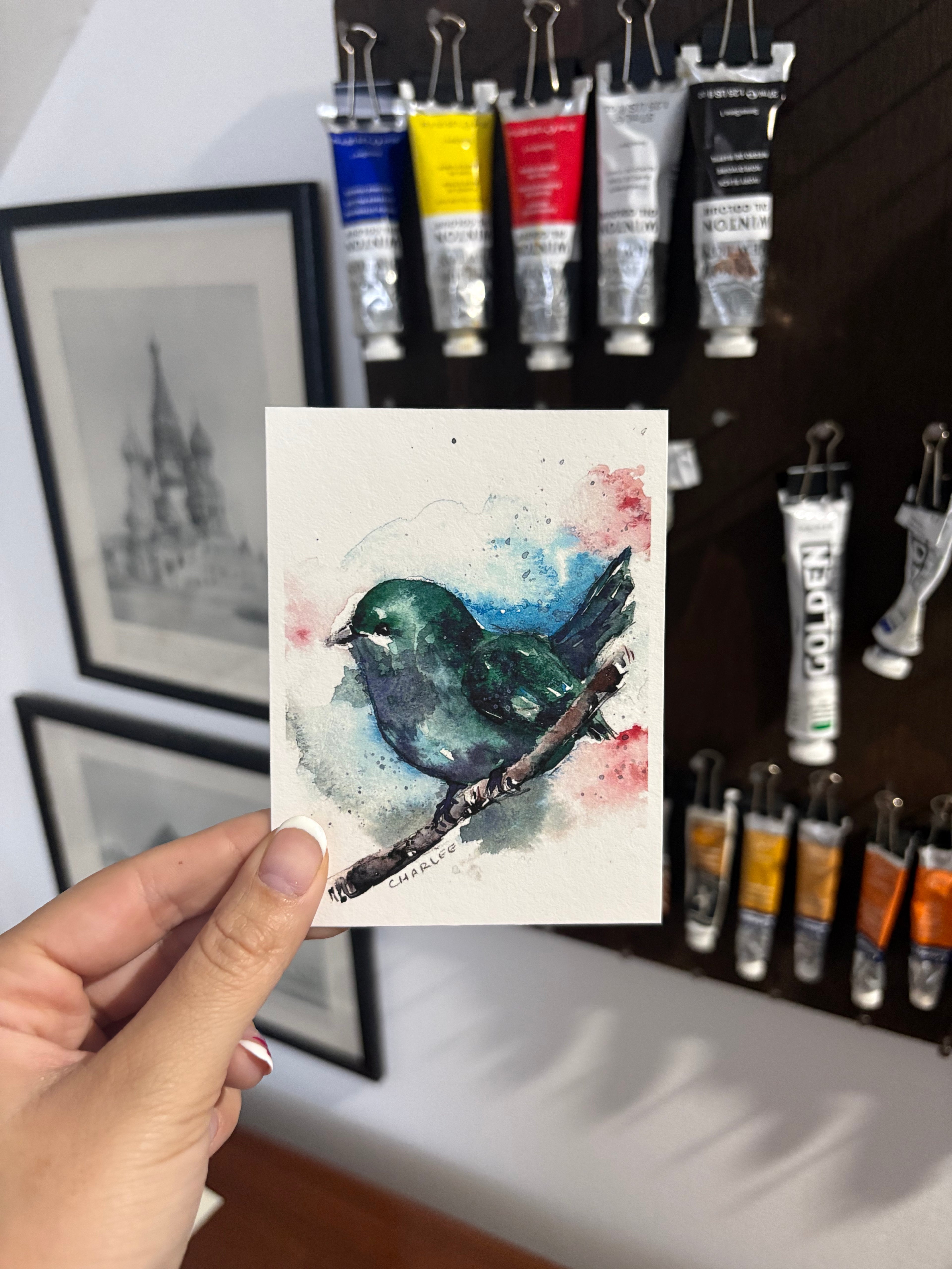 Watercolor Green Bird Art Print